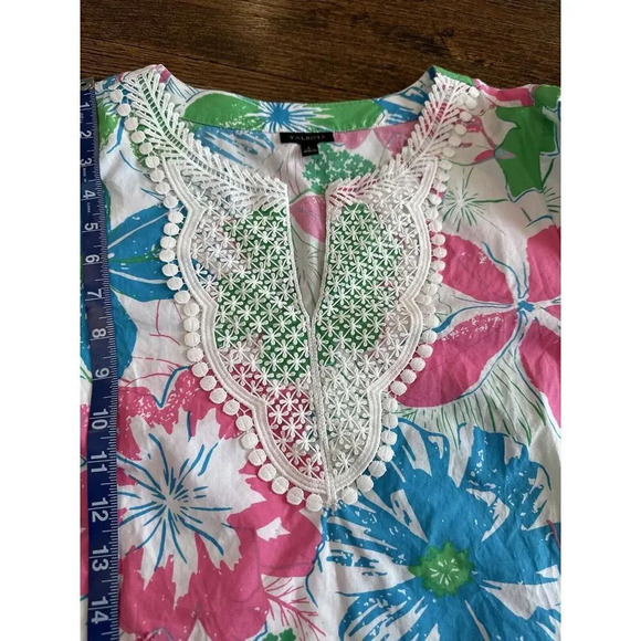 Talbots Womens Large Bright Floral 3/4 Sleeve Popover Cotton V-Neck Top X0917 - Picture 9 of 12